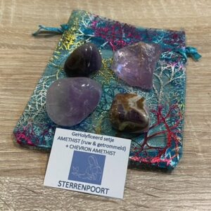Amethist ruw + 2 getrommeld + Chevron Amethist = SET: Anti Stress